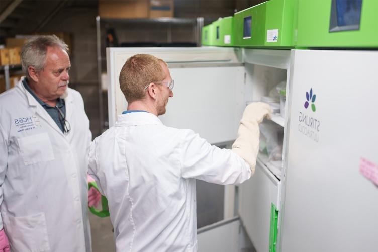  两名男子在主要研究哈伯德基因组研究中心的冷却器中储存基因样本的照片.